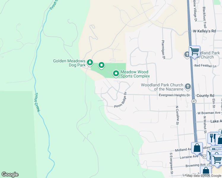 map of restaurants, bars, coffee shops, grocery stores, and more near 600 Misty Pines Circle in Woodland Park