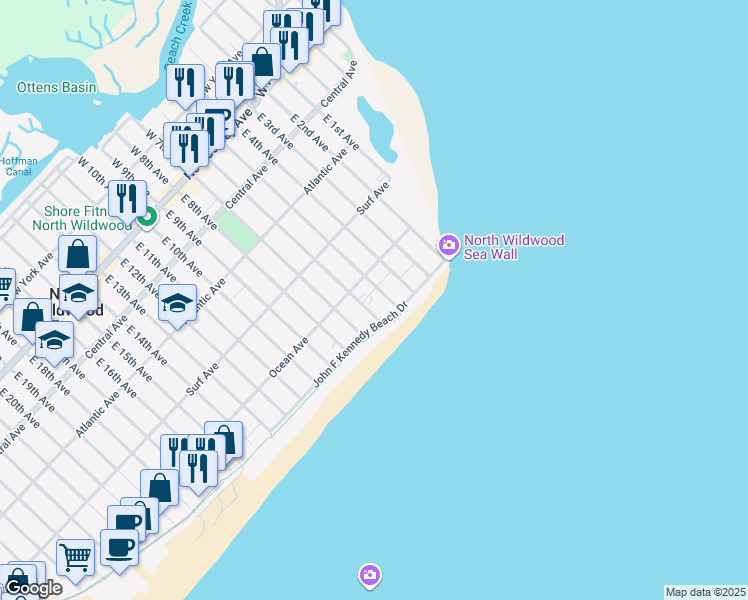 map of restaurants, bars, coffee shops, grocery stores, and more near 528 East 6th Avenue in North Wildwood