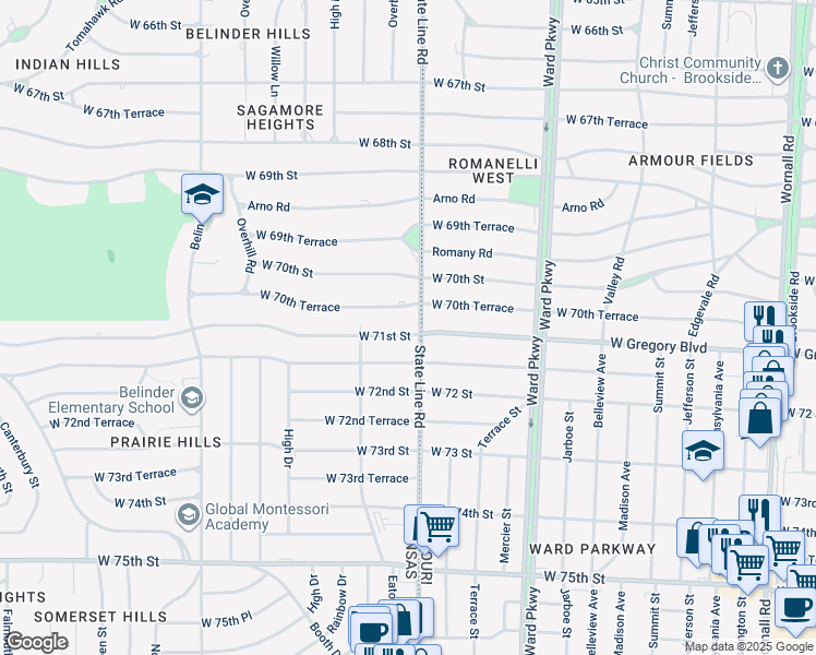 map of restaurants, bars, coffee shops, grocery stores, and more near 1906 West 71st Street in Prairie Village