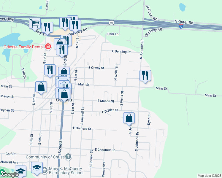 map of restaurants, bars, coffee shops, grocery stores, and more near 322 East Main Street in Odessa