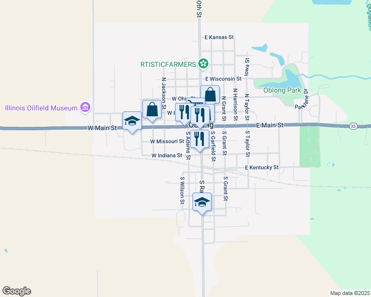 map of restaurants, bars, coffee shops, grocery stores, and more near 201-307 West Indiana Street in Oblong
