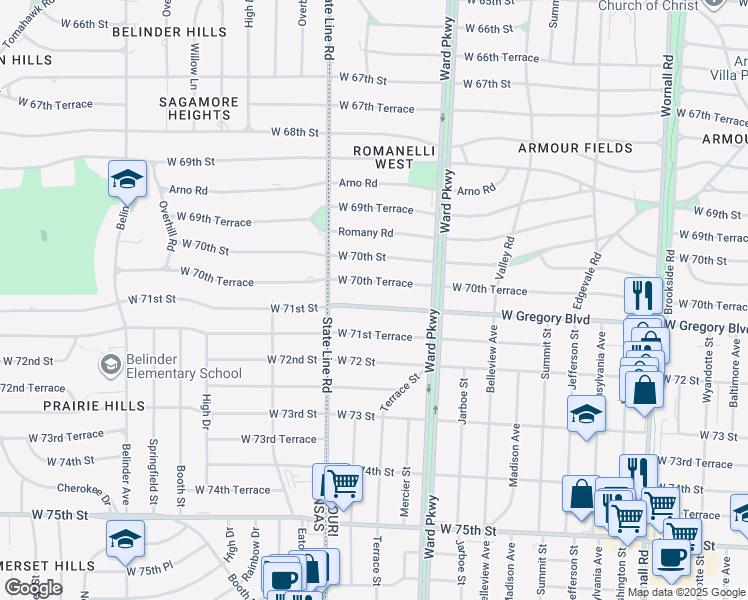 map of restaurants, bars, coffee shops, grocery stores, and more near 1263 West Gregory Boulevard in Kansas City