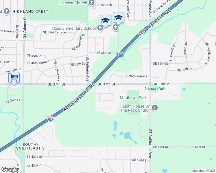 map of restaurants, bars, coffee shops, grocery stores, and more near 1640 Southeast 37th Terrace in Topeka