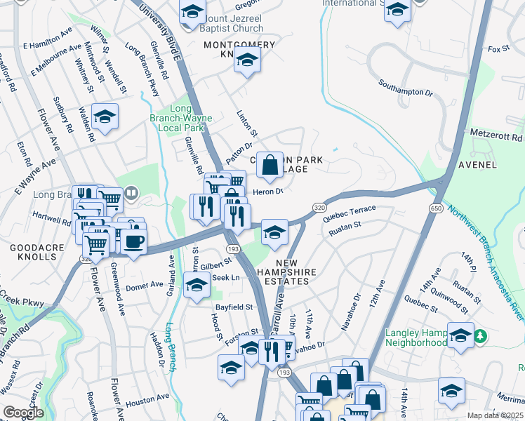 map of restaurants, bars, coffee shops, grocery stores, and more near 8830 Piney Branch Road in Silver Spring