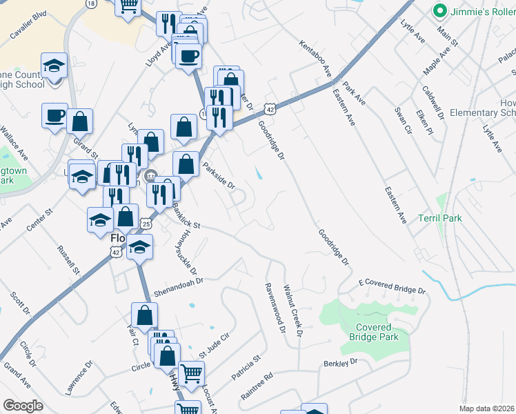 map of restaurants, bars, coffee shops, grocery stores, and more near 200 Langshire Court in Florence