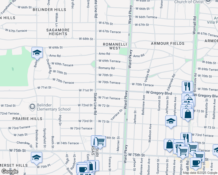 map of restaurants, bars, coffee shops, grocery stores, and more near 1263 West Gregory Boulevard in Kansas City