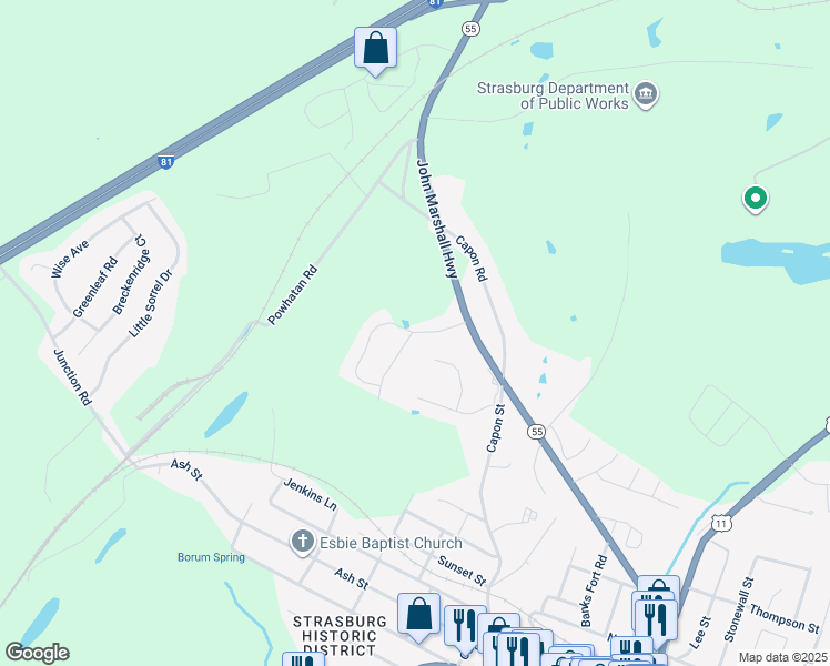 map of restaurants, bars, coffee shops, grocery stores, and more near Kanter Drive in Strasburg
