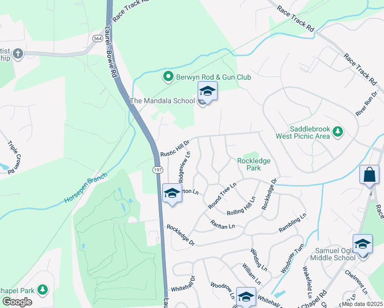map of restaurants, bars, coffee shops, grocery stores, and more near 4921 Ridgeview Lane in Bowie