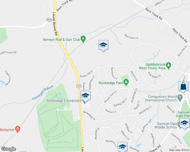 map of restaurants, bars, coffee shops, grocery stores, and more near 4921 Ridgeview Lane in Bowie