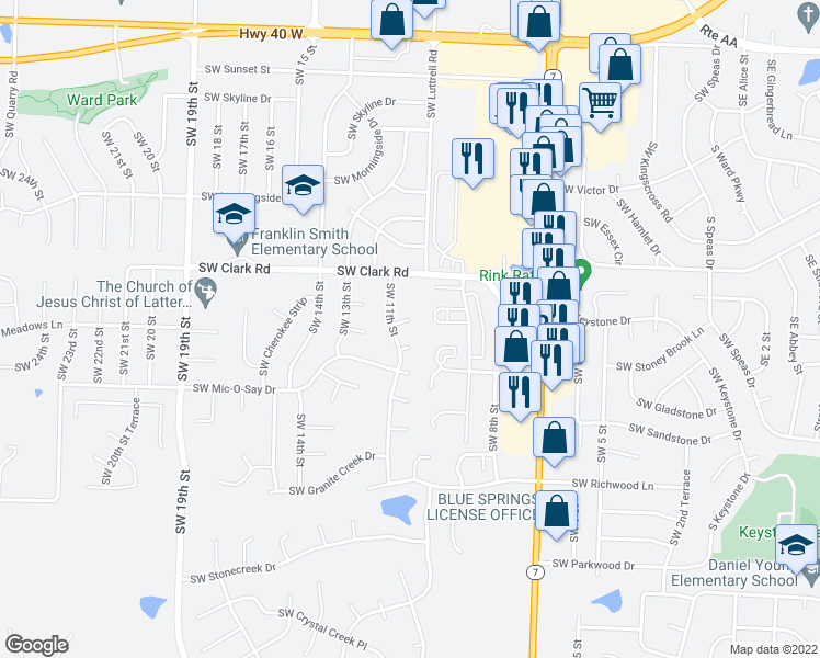 map of restaurants, bars, coffee shops, grocery stores, and more near 1008 Southwest Pinto Lane in Blue Springs
