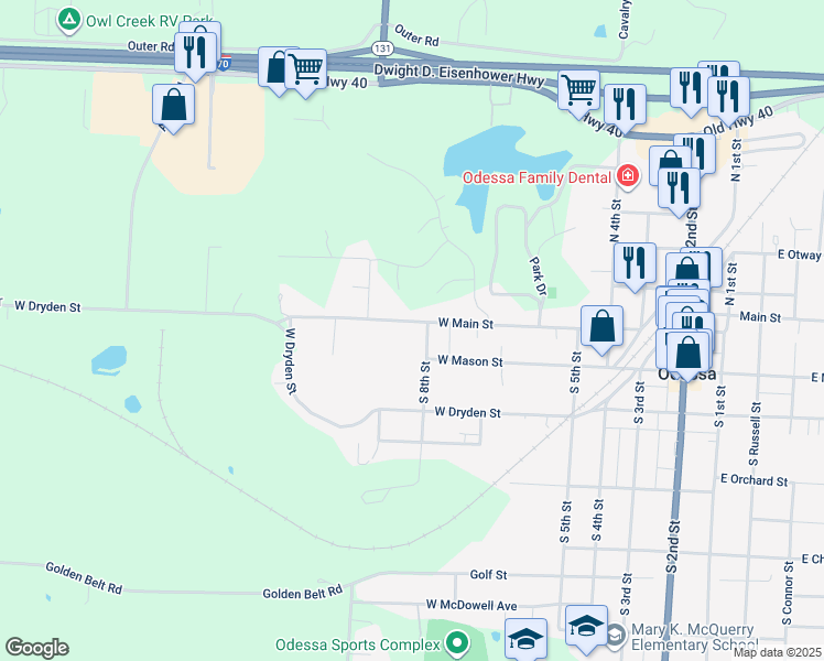 map of restaurants, bars, coffee shops, grocery stores, and more near 802 West Main Street in Odessa