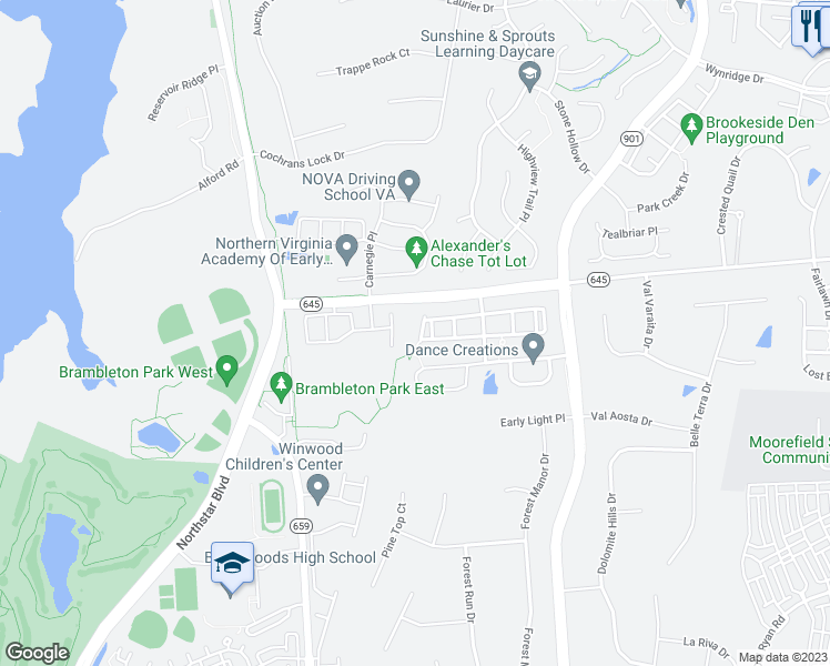 map of restaurants, bars, coffee shops, grocery stores, and more near 42735 Wilmar Square in Broadlands