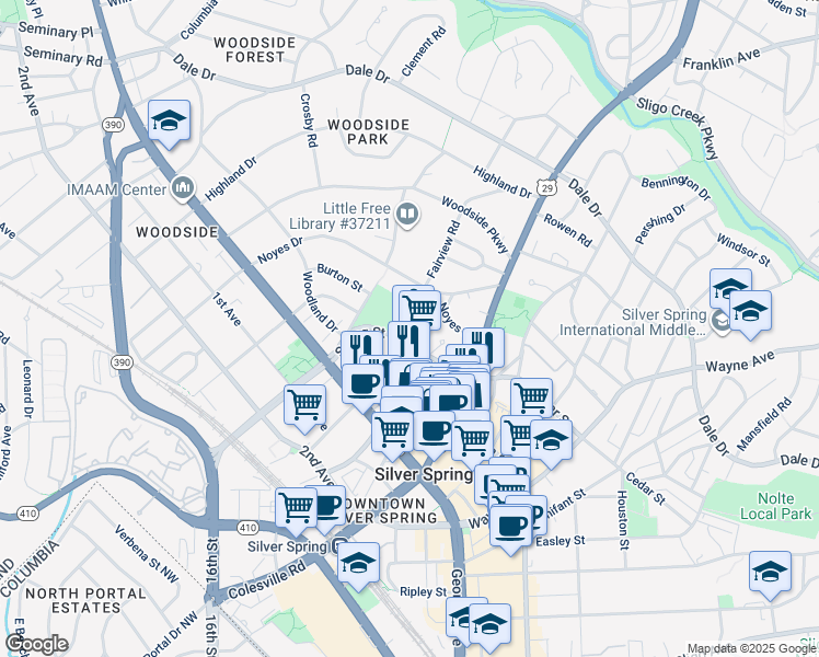 map of restaurants, bars, coffee shops, grocery stores, and more near 8905 Fairview Road in Silver Spring