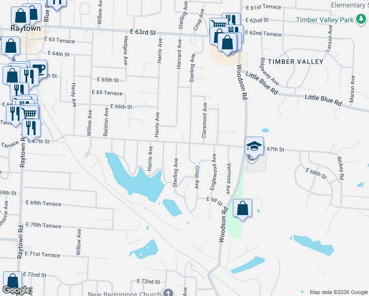 map of restaurants, bars, coffee shops, grocery stores, and more near 6705 Crisp Avenue in Raytown