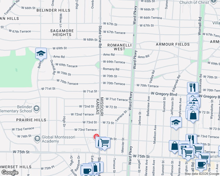 map of restaurants, bars, coffee shops, grocery stores, and more near 1263 West Gregory Boulevard in Kansas City