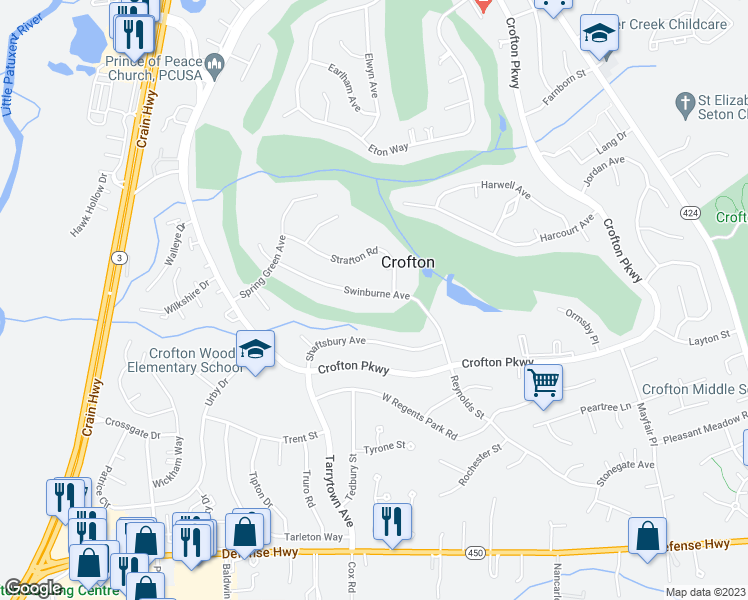 map of restaurants, bars, coffee shops, grocery stores, and more near 1740 Swinburne Avenue in Crofton