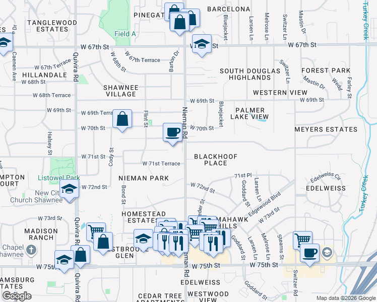 map of restaurants, bars, coffee shops, grocery stores, and more near 7039 Nieman Road in Shawnee
