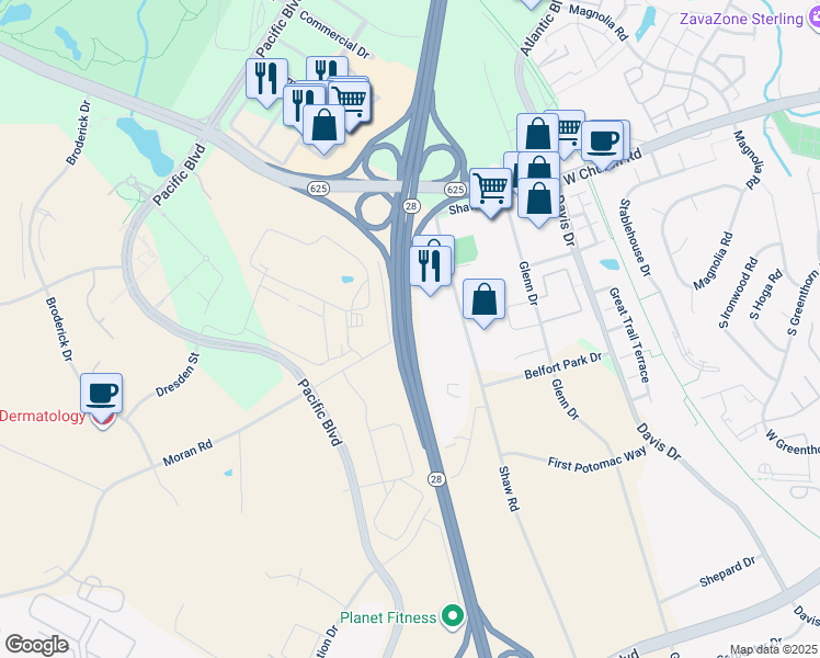 map of restaurants, bars, coffee shops, grocery stores, and more near Sully Road in Sterling