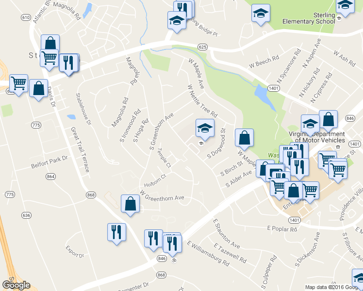 map of restaurants, bars, coffee shops, grocery stores, and more near 605 West Poplar Road in Sterling