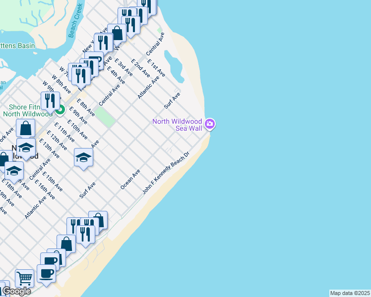 map of restaurants, bars, coffee shops, grocery stores, and more near 404 John F Kennedy Beach Drive in North Wildwood