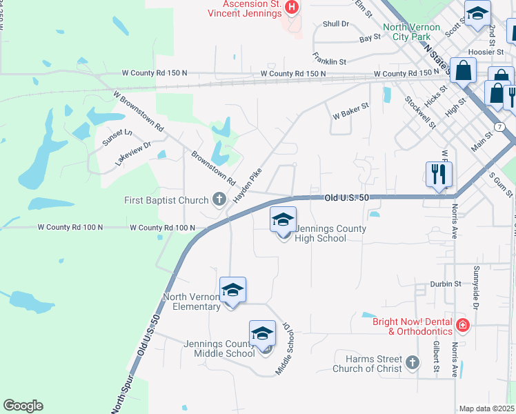 map of restaurants, bars, coffee shops, grocery stores, and more near 810 West Walnut Street in North Vernon