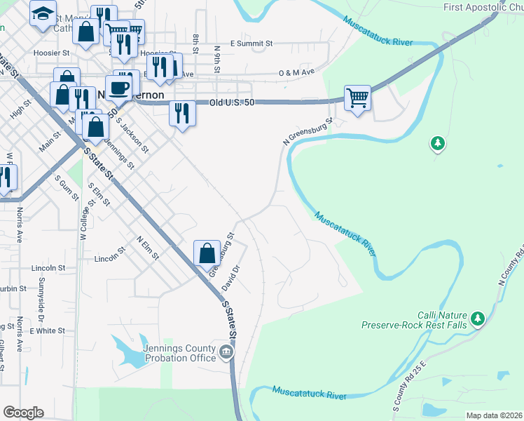 map of restaurants, bars, coffee shops, grocery stores, and more near 340 North Greensburg Street in North Vernon