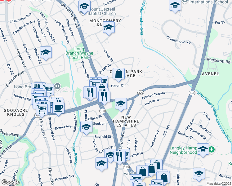 map of restaurants, bars, coffee shops, grocery stores, and more near 8830 Piney Branch Road in Silver Spring