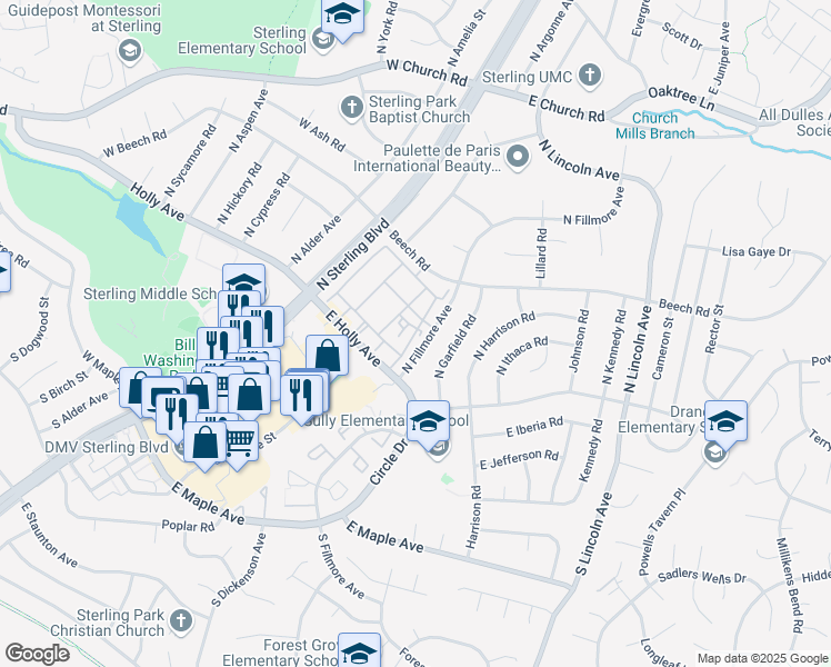 map of restaurants, bars, coffee shops, grocery stores, and more near 116 North Emory Drive in Sterling