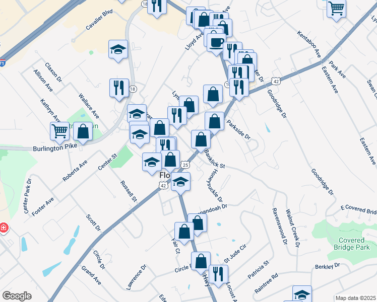 map of restaurants, bars, coffee shops, grocery stores, and more near 7104 U.S. 127 in Florence