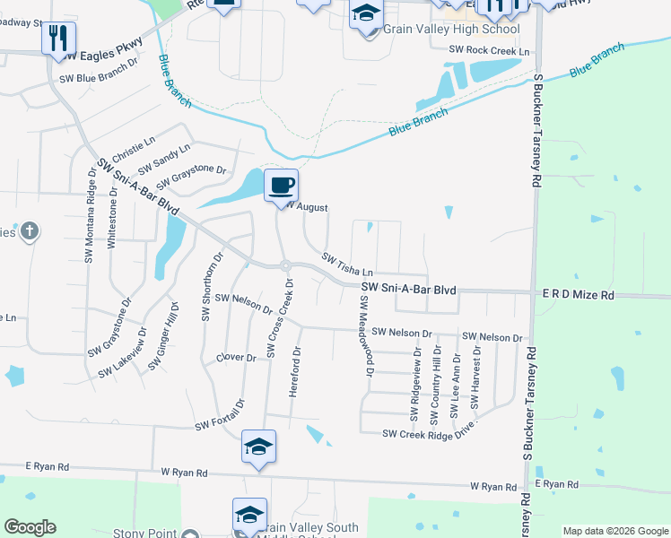 map of restaurants, bars, coffee shops, grocery stores, and more near 653 Southwest Tisha Lane in Grain Valley