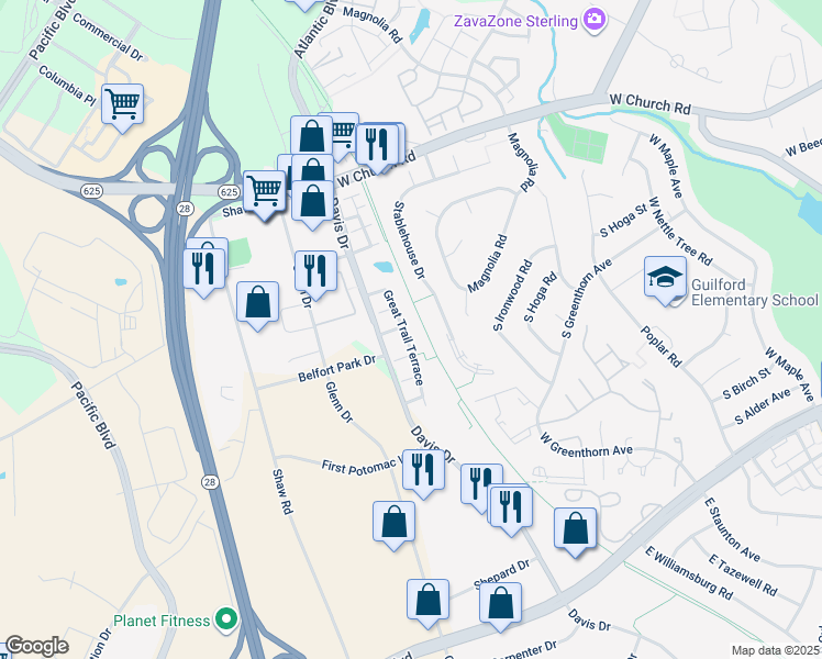 map of restaurants, bars, coffee shops, grocery stores, and more near 22276 Great Trail Terrace in Sterling