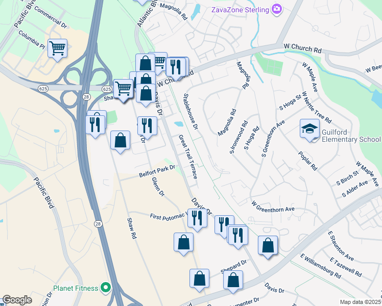 map of restaurants, bars, coffee shops, grocery stores, and more near 22276 Great Trail Terrace in Sterling