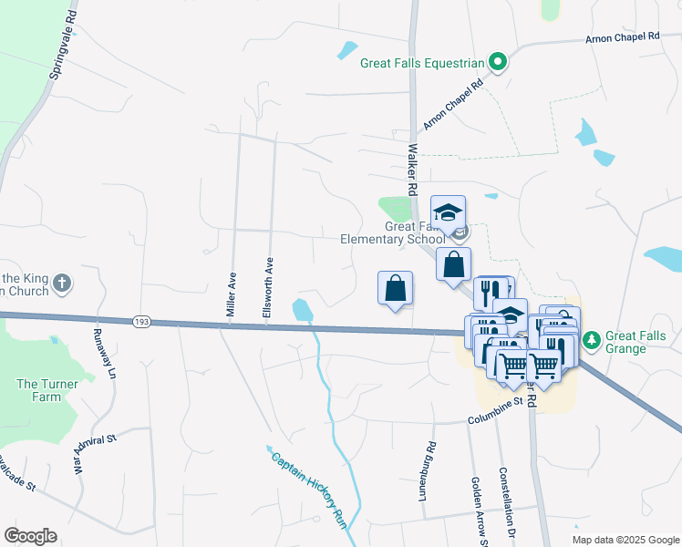 map of restaurants, bars, coffee shops, grocery stores, and more near 728 Forest Park Road in Great Falls