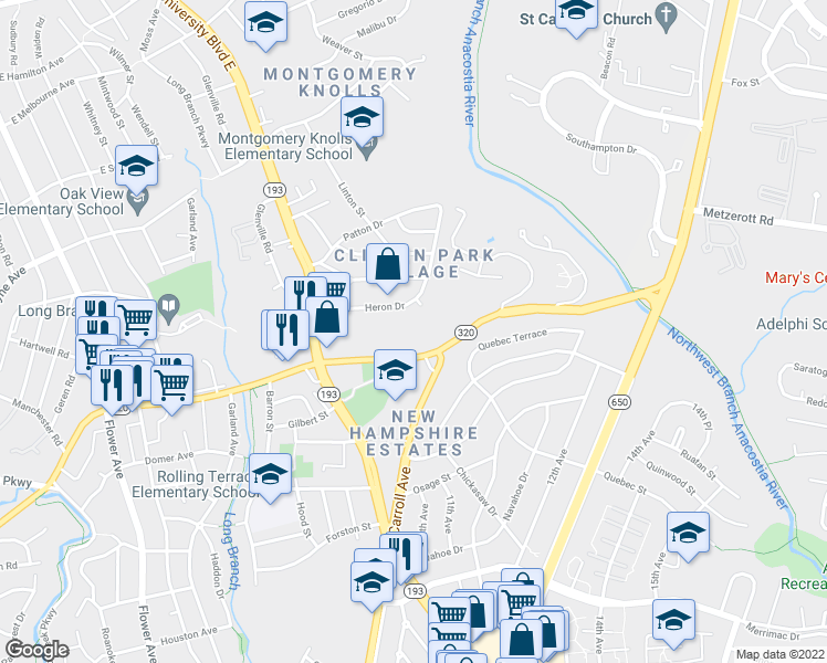 map of restaurants, bars, coffee shops, grocery stores, and more near 8860 Piney Branch Road in Silver Spring