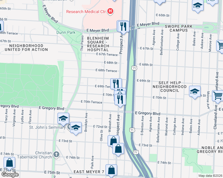 map of restaurants, bars, coffee shops, grocery stores, and more near 2413 East 69th Terrace in Kansas City