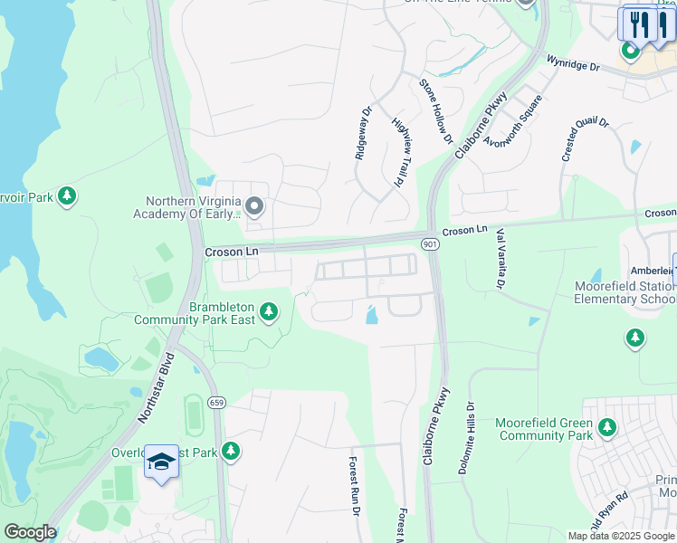map of restaurants, bars, coffee shops, grocery stores, and more near 22277 Rampsbeck Terrace in Ashburn