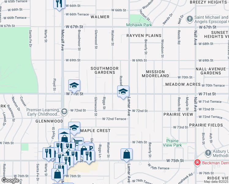 map of restaurants, bars, coffee shops, grocery stores, and more near 7041 Walmer Street in Overland Park