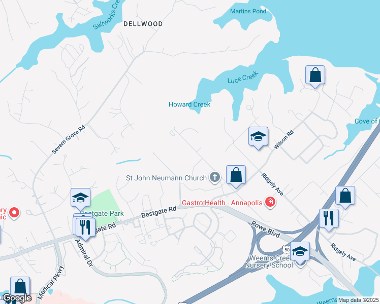 map of restaurants, bars, coffee shops, grocery stores, and more near 341 Dubois Road in Annapolis