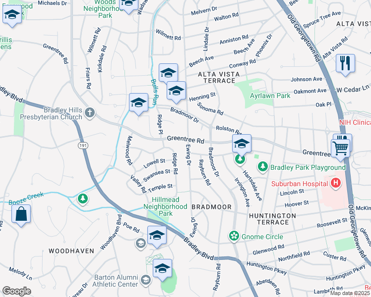 map of restaurants, bars, coffee shops, grocery stores, and more near 8728 Ewing Drive in Bethesda