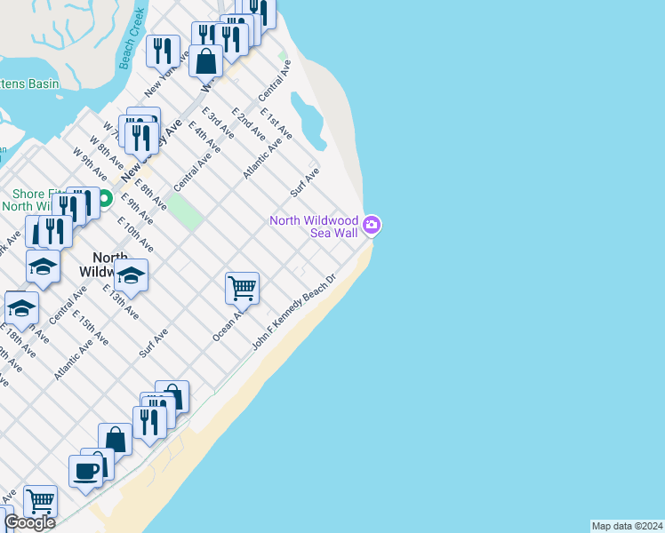 map of restaurants, bars, coffee shops, grocery stores, and more near 404 John F Kennedy Beach Drive in North Wildwood