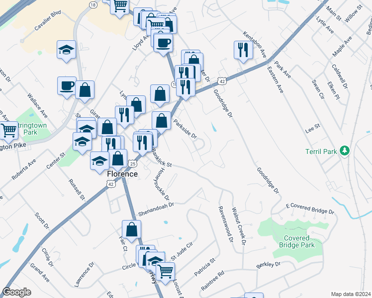 map of restaurants, bars, coffee shops, grocery stores, and more near 7067 Glen Kerry Court in Florence