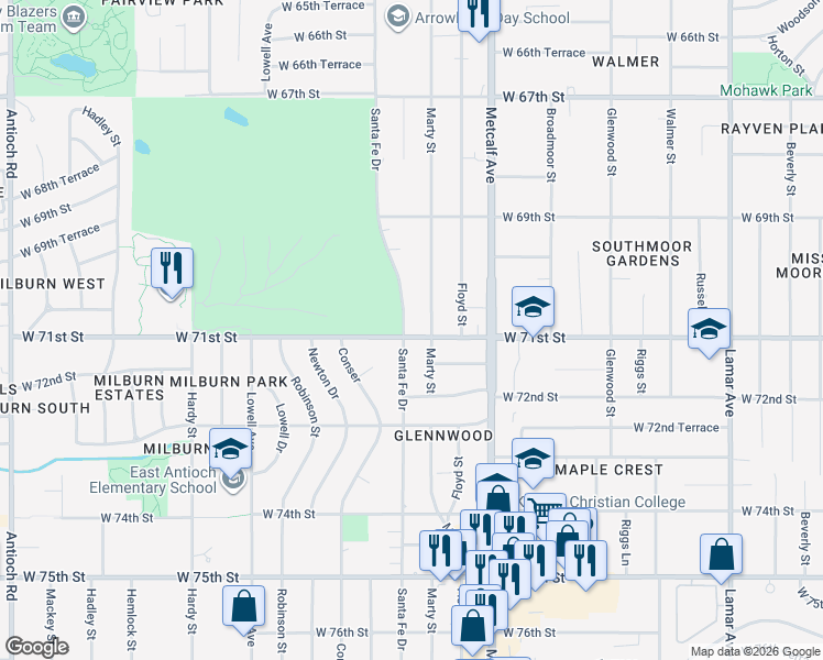 map of restaurants, bars, coffee shops, grocery stores, and more near 7109 Santa Fe Drive in Overland Park
