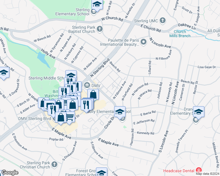 map of restaurants, bars, coffee shops, grocery stores, and more near 124 North Duke Drive in Sterling