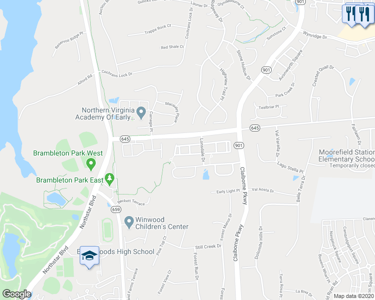 map of restaurants, bars, coffee shops, grocery stores, and more near 22275 Rampsbeck Terrace in Ashburn