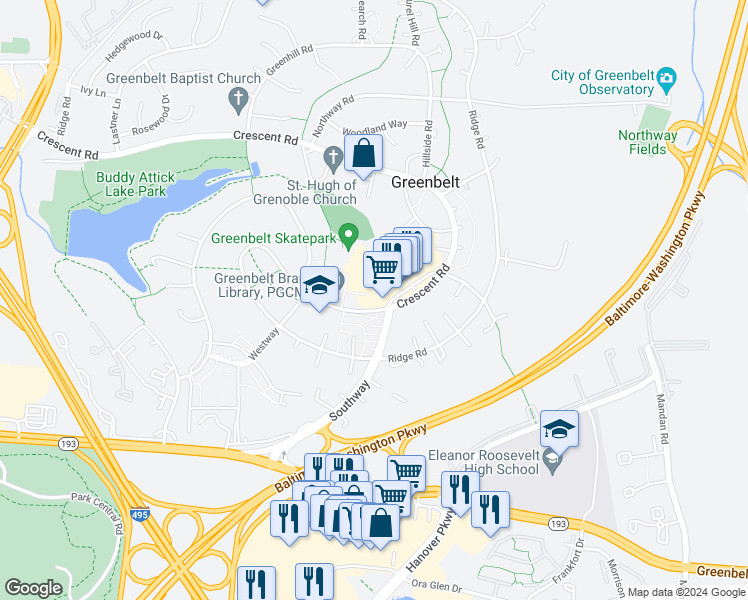 map of restaurants, bars, coffee shops, grocery stores, and more near in Greenbelt