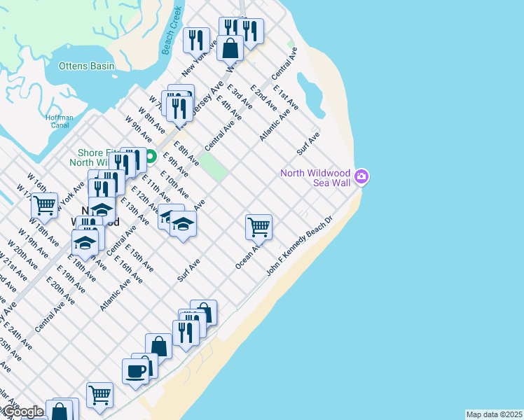 map of restaurants, bars, coffee shops, grocery stores, and more near 412 East 8th Avenue in North Wildwood