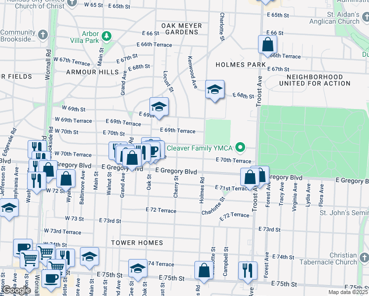 map of restaurants, bars, coffee shops, grocery stores, and more near 626 East 70th Terrace in Kansas City