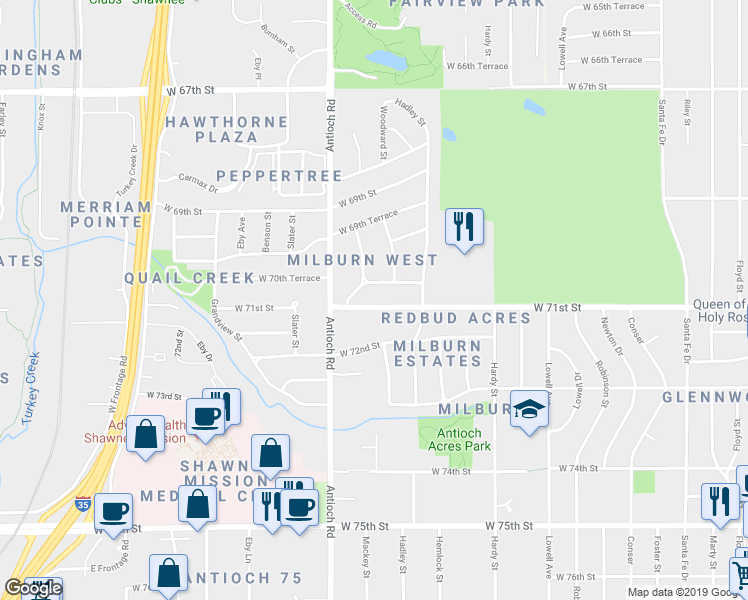 map of restaurants, bars, coffee shops, grocery stores, and more near 8506 West 71st Street in Overland Park