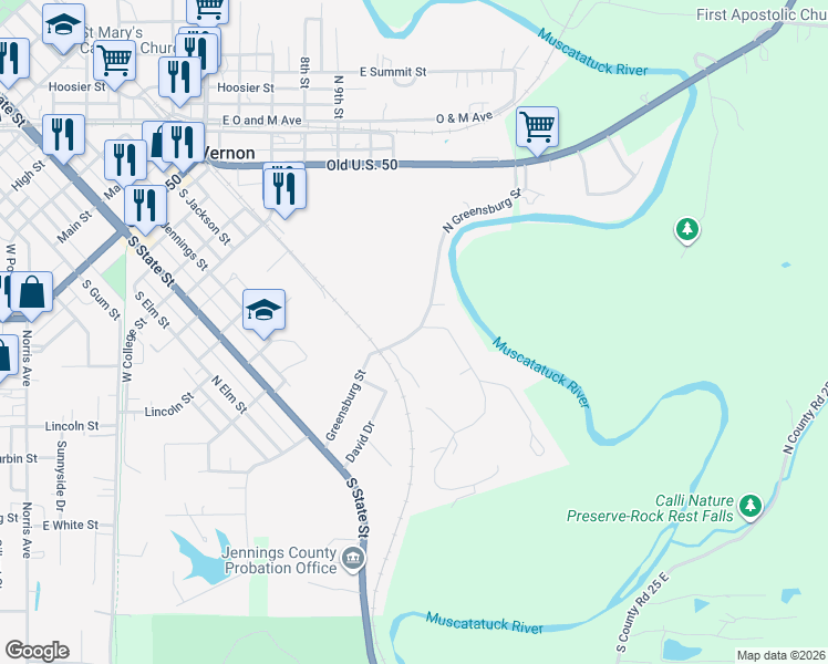 map of restaurants, bars, coffee shops, grocery stores, and more near 340 North Greensburg Street in North Vernon