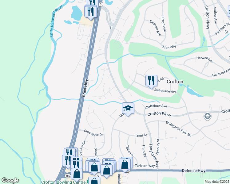 map of restaurants, bars, coffee shops, grocery stores, and more near 1734 Whitestone Court in Crofton